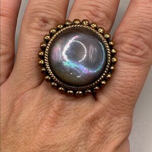 Vintage Stephen Dweck Brass Abalone Rock Crystal Large Cocktail Ring Size 8